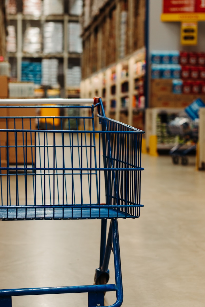 blue shopping cart on white floor